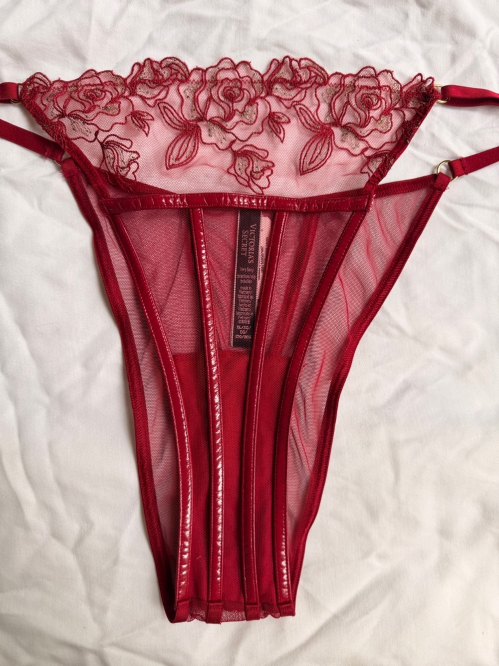 Victoria’s Secret Dark Red Lace Mesh Brazilian Panty Strappy Sheer Floral NWT